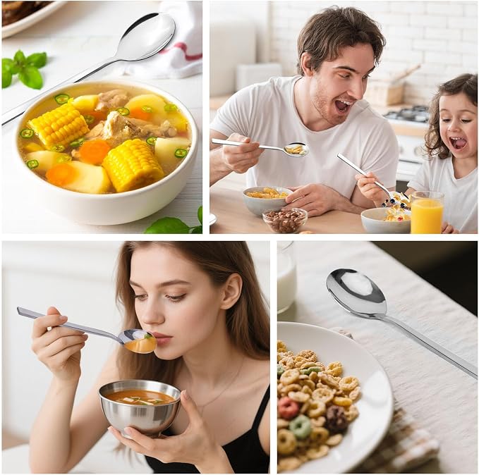 HANSGO Soup Spoons, 8PCS Korean Spoon, 8.5 Inch Stainless Steel Tablespoon with Long Handles for Home Kitchen Restaurant, Flatware Set for Stirring Hot Cocoa and Cereal, Durable & Dishwasher Safe