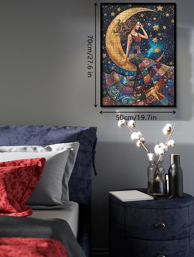 Pretty Women Patch Puzzles for Adults 1000 Pieces, Beautiful Quilt Sewing Art Challenging Jigsaw Puzzles, Colorful Moon Stars Aesthetic Impossible Hard Difficult Puzzle