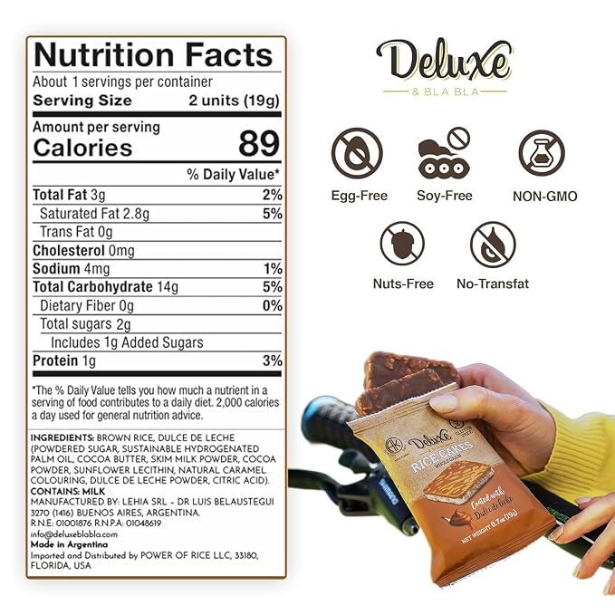 Deluxe & Bla Bla Rice Cakes 57 Pack – Whole Grain, Gluten-Free, Kosher, Low-Calorie Snack – Coated with dulce de leche – Healthy & Crunchy Treat – Individually Wrapped, (19g Each)