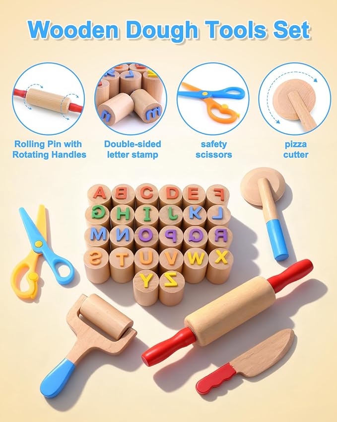 Wooden Dough Tools Kit for Kids, Dough Accessories with Rolling Pins, Pizza Cutter, Safety Scissors & 26 Letter Stamps, Educational Alphabet Learning Toys Gift for Toddlers Ages 3–6