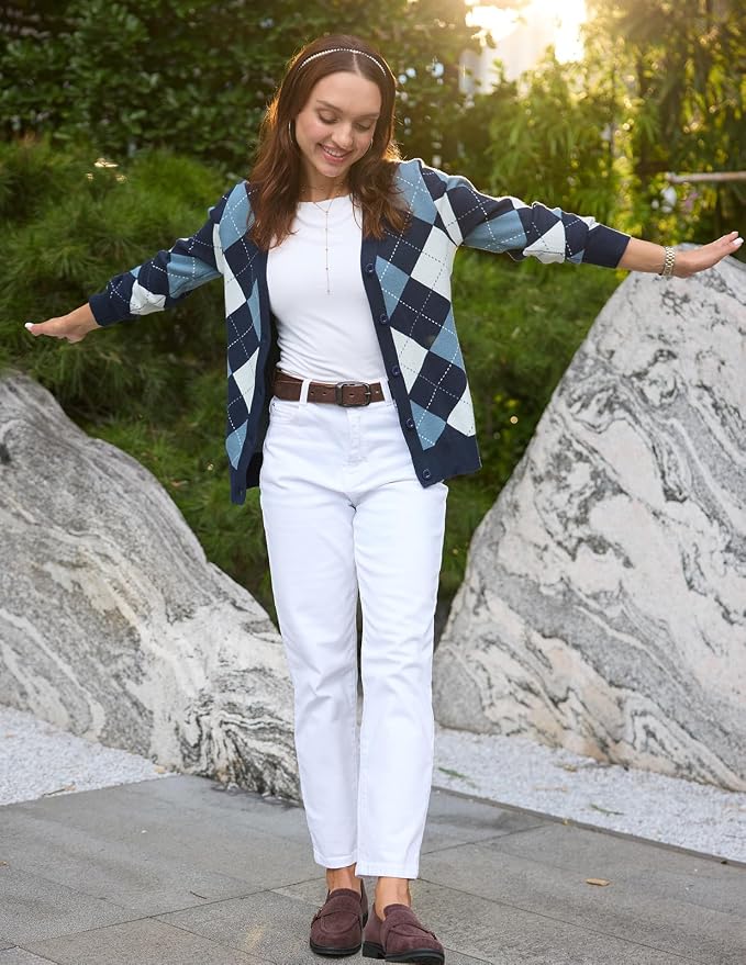 GRACE KARIN Womens Cardigan Sweater Fall Fashion Argyle Sweater Button Up Cardigan Teacher Outfits Preppy Clothes