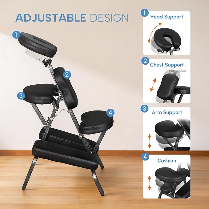 ZENY Portable Massage Chair, Tattoo Spa Therapy Chair, Adjustable, Black, PU Leather, Aluminum, Modern Style, 23"L x 18"W x 42"H, 250 Lbs Weight Capacity, Relaxing