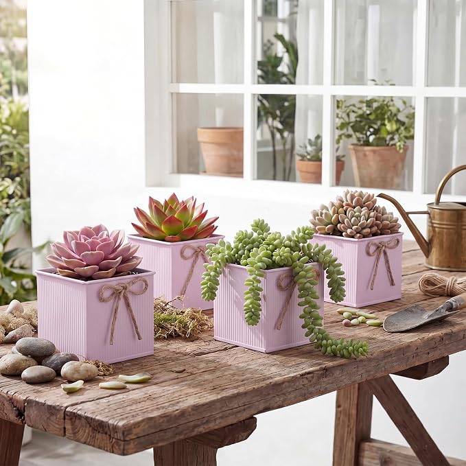 12 Pack Galvanized Square Vases with Floral Foam, 3.5 inch Waterproof Rustic Tin Buckets with Twine Bows, Mini Farmhouse Metal Planter Centerpieces for Wedding Party Table Decor(Pink)