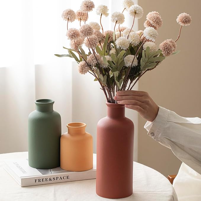 Large Modern Ceramic Vase Set of 3, Neutral Colors, Decorative Bottles for Home, Farmhouse Rustic Decor (XL Green Mix)