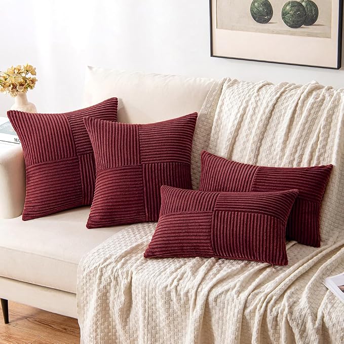 MIULEE Burgundy Decorative Throw Pillow Covers for Couch 18x18 Inch | 2 Pack, Boho Farmhouse Pillow Covers, Soft Cross Corduroy Patchwork Textured Cushion Cases For Bed Sofa