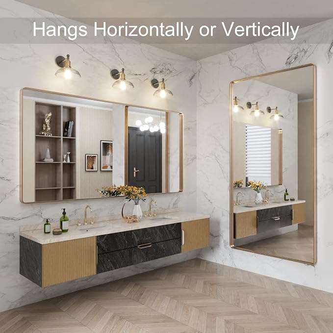 LOAAO 72"X36" Gold Bathroom Mirror | Rounded Rectangle, Brushed Gold Frame, Wall-Mounted, Anti-Rust, Tempered Glass, Hangs Horizontally or Vertically