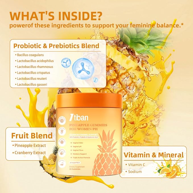 Pineapple Gummies for Women pH, Premium Feminine pH Balance Gummy, Vaginal Probiotics, Immune Support, Vegan, Gluten-Free, 60 Gummies 30 Servings