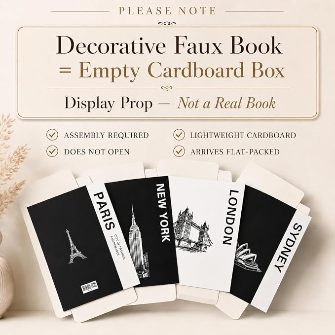 4 Pcs Decorative Books | Faux Travel Coffee Table & Shelf Decor | Worldly Eclectic Look for Living Room, Office and Entryway - Not Real, Tool-Free 2-Min Setup