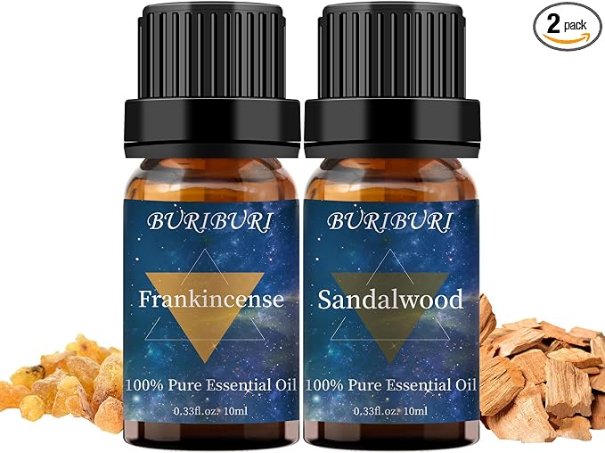BURIBURI Sandalwood Essential Oil and Frankincense Essential Oil, 2Pack Aromatherapy Sandalwood Oil Winter Gift Set 10MLx2
