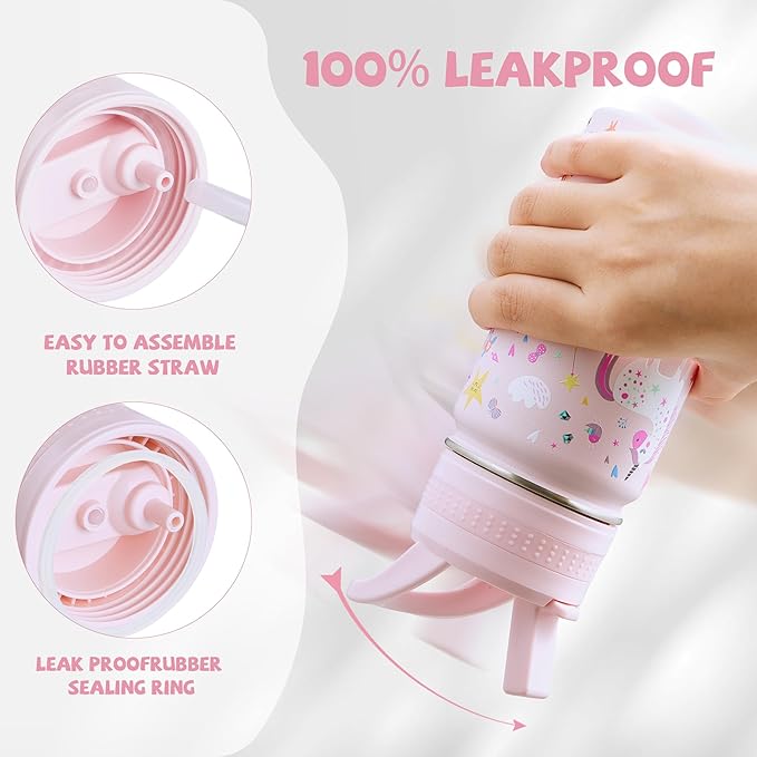 Kids Water Bottle,14oz Stainless Steel Insulated Water Tumbler Leak-Proof,School Water Mug,Small and Portable,Suitable for Boys and Girls to Use(Pink cartoon unicorn)