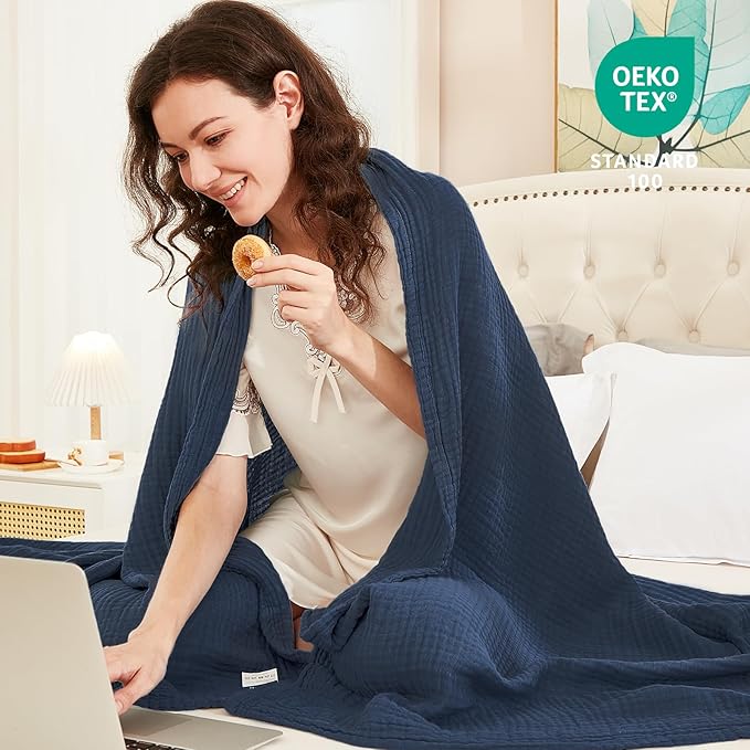 EMME Muslin Blankets for Adults Throw Blanket for Couch Breathable Gauze Soft Lightweight Airy Navy Super King 120" x 94"