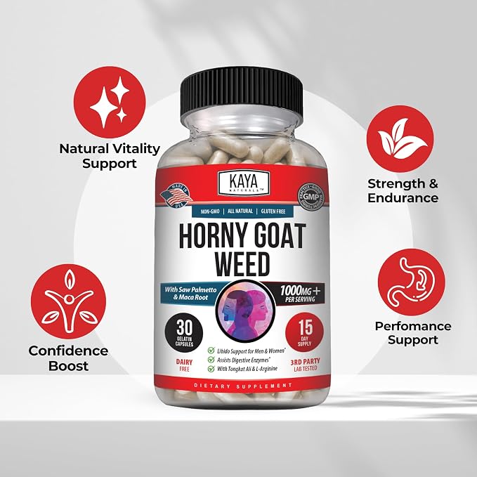 Kaya Naturals Horny Goat Weed for Men and Women - 1560mg Complex with Maca, Saw Palmetto, Ginseng, Arginine Vitamin Supplement - Horny Goat Weed - 30 Count