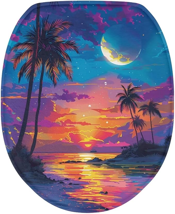 Tropical Toilet Lid COver Elongated Coconut Tree Toilet Seat Cover Machine Washable Fuzzy Toilet Seat Cover Bathroom Decoration
