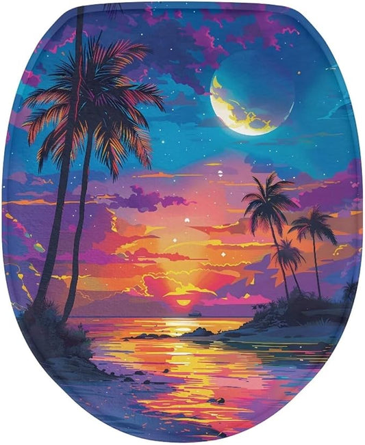 Tropical Toilet Lid COver Elongated Coconut Tree Toilet Seat Cover Machine Washable Fuzzy Toilet Seat Cover Bathroom Decoration
