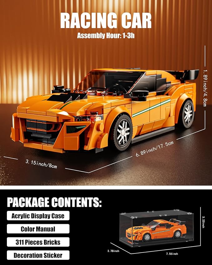 Super Sports Car Building Block Set with Display Case, Speed Racing Car Building Toys for Kids and Adults, Collectible Model Cars Kits Gift for Technic Cars Lovers Boys 6+ (311PCS)