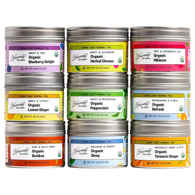 Heavenly Tea Leaves Organic Herbal Tea Sampler, Loose Leaf Decaf Set