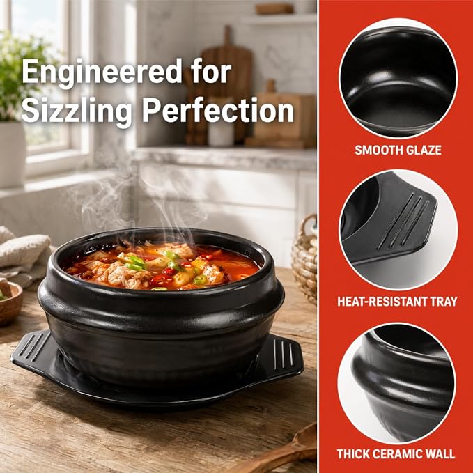 37 Oz Korean Stone Bowl with Tray | Ceramic Pot Set Dolsot Bibimbap Sizzling Hot Pot, Korean Cooking Soup Cookware for Restaurants, Rice, Soup, Noodle