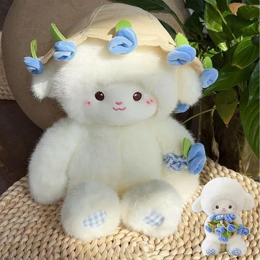 Baby Sheep Bouqet, Rose Bouquet Plush Sheep with Detachable Flower Hat, Rose Lamb - A Huggable Bouquet of Love, Adorable Sheeps Bouquet Plush, Emotional Support Plushie Gift for Christmas (Blue)