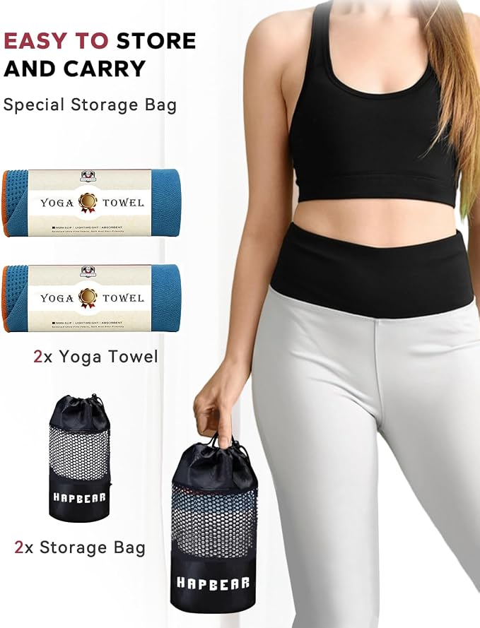 HAPBEAR 2 Pack Hot Yoga Towel with Non-Slip Grip Dots, 72" x 24" - Super Absorbent, Soft Microfiber Yoga Mat Towel for Bikram, Gym, Pilates - Blue