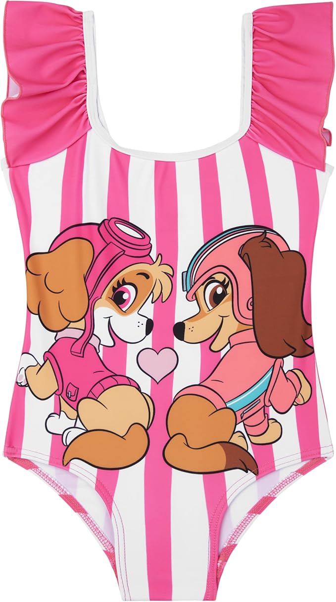Paw Patrol | Bluey Girls Swimsuit, One Piece Toddler Bathing Suit with Ruffle Shoulder UPF 50+ Pool, Beach Swimwear