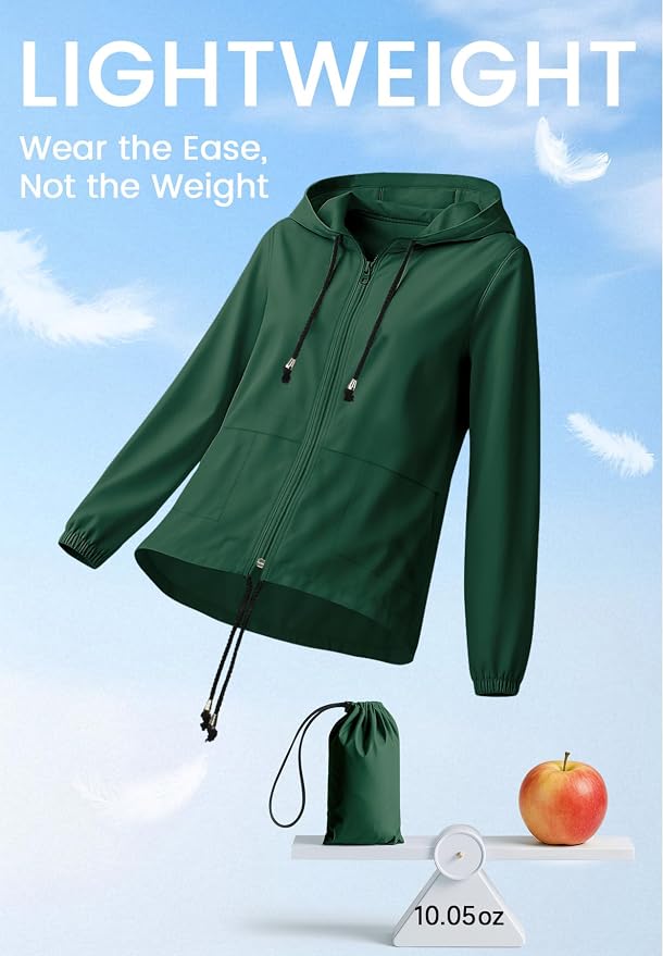 Zando Lightweight Rain Jacket Women Packable Waterproof Raincoat with Hood | Windbreaker Jacket Women, Light Raincoats for Drizzle, Rain Coats for Travel, Hiking and Commute