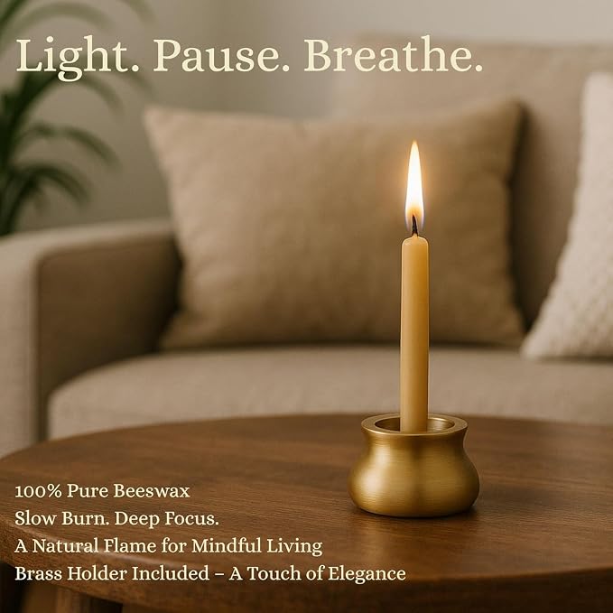 Australian Made 50 Minute Pure Beeswax Candles, Beeswax Meditation Candle Set, Set of 20 mini Candles with Brass Holder, Stress Releif Gifts for Women,Non Toxic Yoga Candle (50 Min Set + Holder)