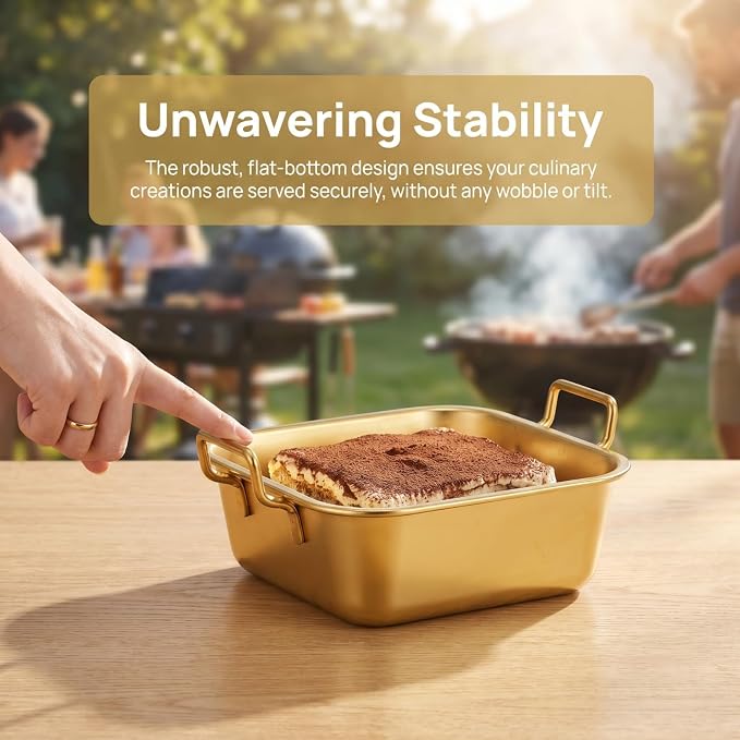 NUOBESTY Gold Korean Ramen Pot with Lid & Handles, 40 oz Stainless Steel Square Noodle Bowl Versatile Individual Serving Tray for French Fries, Fried Chicken, Tiramisu & Party Buffet, 6.3 Inch