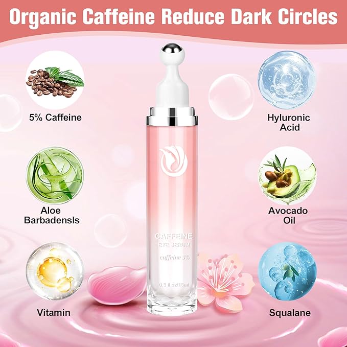 5% Caffeine Eye Serum, Cream with 360°Massage Ball for Puffiness, Fine Lines and Wrinkles, 0.5 fl.oz Under Eye Roller Cream, Efficient in Firming Eyelids
