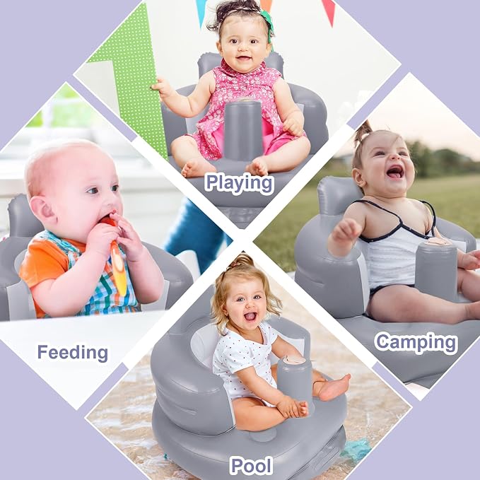 AirSwim Inflatable Baby Seat, Inflatable Baby Chair for Babies 3 Months and Up, Summer Blow Up Chair with Built in Air Pump, Infant Floor Seats for Learning to Sit, Palying, Camping, Grey
