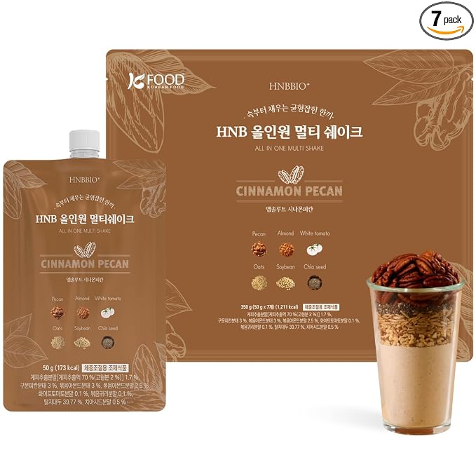 Korean Food All-In-One Multi Shake, Cinnamon Pecan, Fiber, 7 Pack, 350g | Cinnamon pecan-flavored powder blend with dietary fiber in convenient individual packs