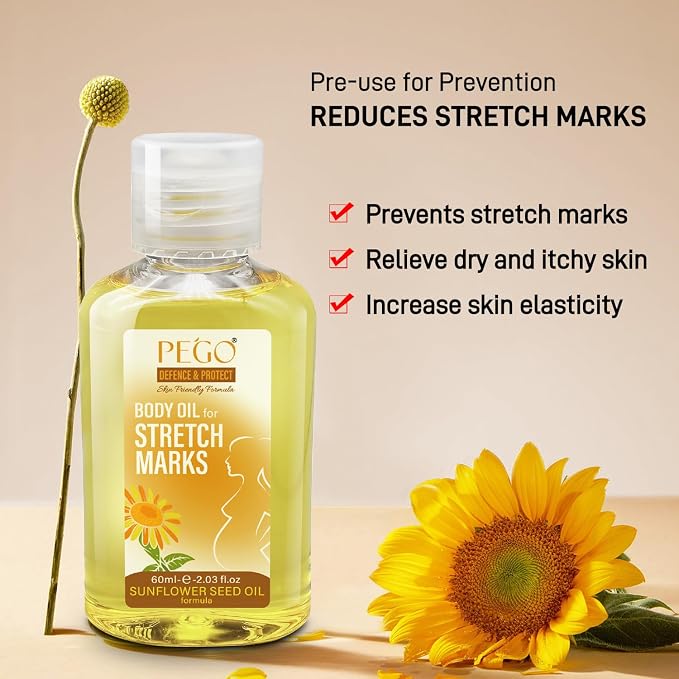 PEGO Stretch Mark Oil for Pregnancy, Maternity Body Oil for Stretch Mark Prevention & Reduction, Hydrating Skin Care, 2.03oz (1Pack)