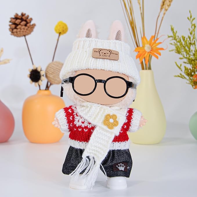 Knit 17cm Doll Clothes Accessories Set Include: 1 Hat, 1 Sweater, 1 Pants, 1 Scarf, 1 Glasses and 1 Shoes for Dress up Your Dolls (Doll Not Included), Knit #2