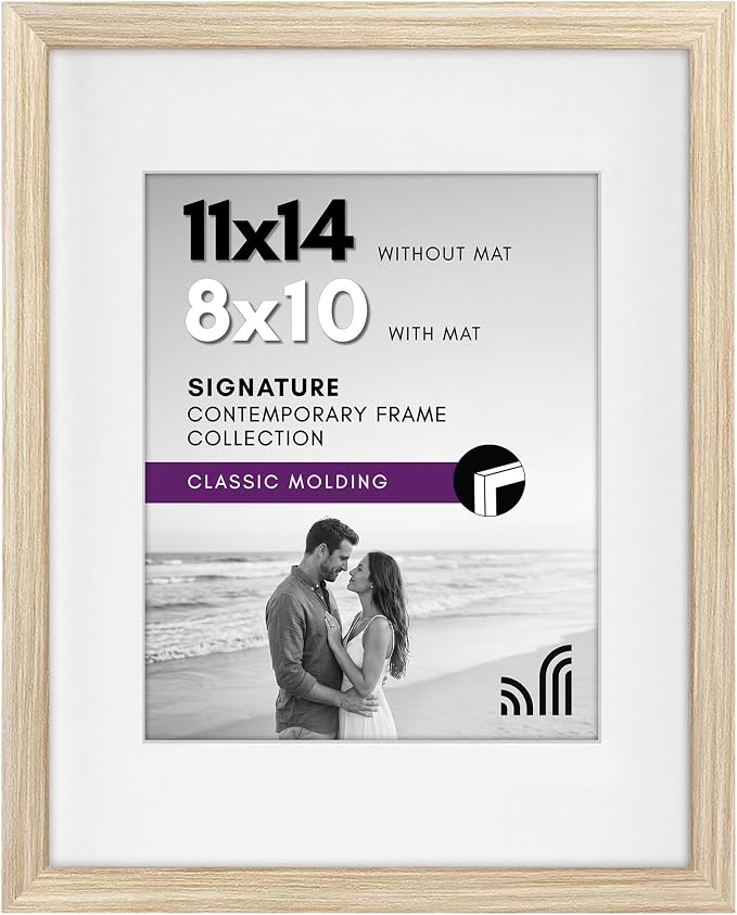 Americanflat 11x14 Picture Frame - Matted to 8x10 - Natural Oak | Engineered Wood construction, Shatter-resistant glass, hangs vertical or horizontal, sawtooth hangers included