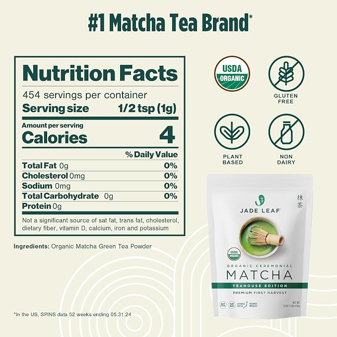Jade Leaf Matcha Organic Ceremonial Grade Teahouse Edition Matcha Powder - 100% Pure Japanese Premium First Harvest Green Tea for Ceremonies, Usucha, Lattes 454g / 16 Ounce Bulk Pouch (Pack of 1)