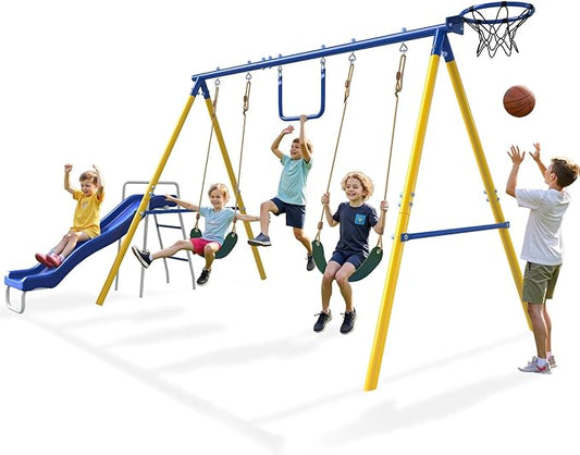 Heavy-Duty 5-in-1 Metal Swing Set for Backyard, Outdoor Playset for Kids 3-12 with Slide, 2 Swings, Basketball Hoop & Gymnastic Rings, Easy Assembly