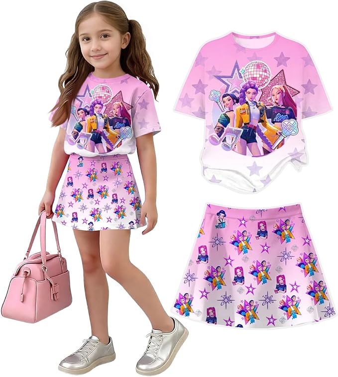 Girls 2-Piece Anime Outfit Set, Short Sleeve Graphic T-Shirt and Printed Skirt Set