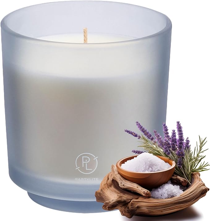 PartyLite Ocean Lavender Scent, Notes of Vanilla Sea Salt, Driftwood, Sea Moss, Patchouli & Eucalyptus, 10oz 1-Wick Aromatherapy Refillable Jar Candle, 50 Hour Burn Time, Sustainable Wax, Reusable Jar