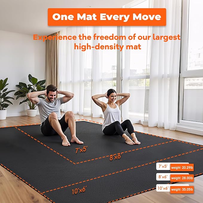 VTORY Extra Thick Large Exercise Mat, 6'x4'/7'x5'/8'x6'/10'x6'x8mm(1/3 inch) , Non-Slip, PVC, Ultra Durable, Heavy-Duty Mat, Shoes-Friendly, High-Density, Large Wide Yoga Mat, Workout Mat for Home Gym, Cardio, Strength, HIIT, MMA