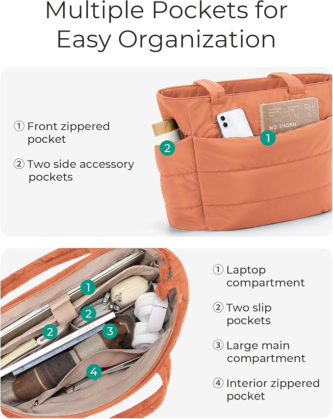 BAGSMART Tote Bag for Women, Lightweight Puffy Tote Bag with Compartments Shoulder Bag Handbag for Travel, Work, Gym | Lightweight