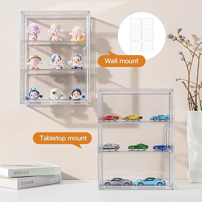 3 Tier Clear Display Case for Figures, Wall-Mounted Acrylic Storage Organizer Box, Stackable Display Cabinet with Magnetic Door & Removable Shelves, Showcase for Collectibles, Figures