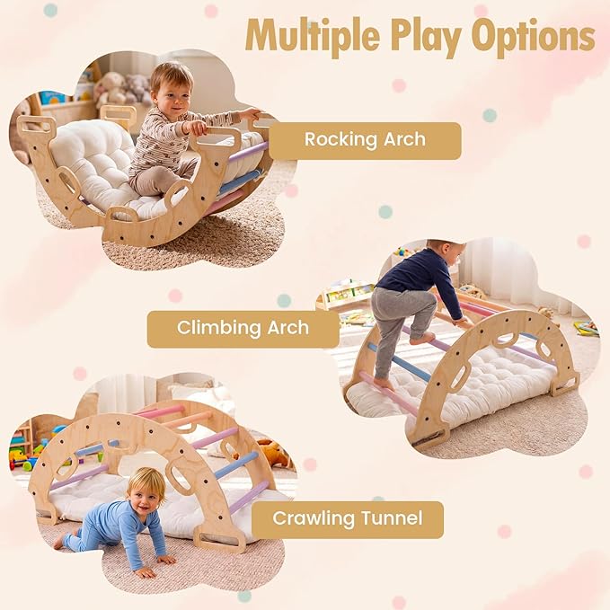 Costzon Wooden Rocking Climbing Arch w/Cushion, 3-in-1 Montessori Kids Climber Rocker for Toddlers, Playground Climbing Ladder Toy, Indoor Gym Learning Playset for Boys Girls Ages 1+ (Multi-Color)