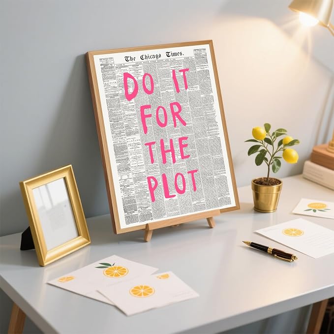 Do It For The Plot Vintage Newspaper Poster Retro Motivational Pink Wall Art Positive Daily Reminder Motivational Quote Print for Bedroom Office Home Decor Aesthetic 8x12inch Wooden Framed