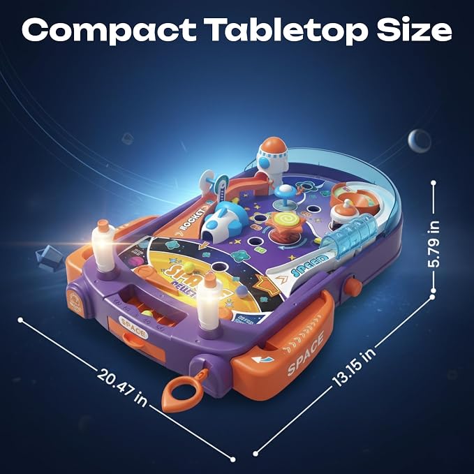 Tabletop Pinball Machine - Space Mini Arcade Game with Sound & Light, Pull-Back Launcher, Flippers, Carry Handle, Suction Cup Feet, Games for Kids Ages 3+