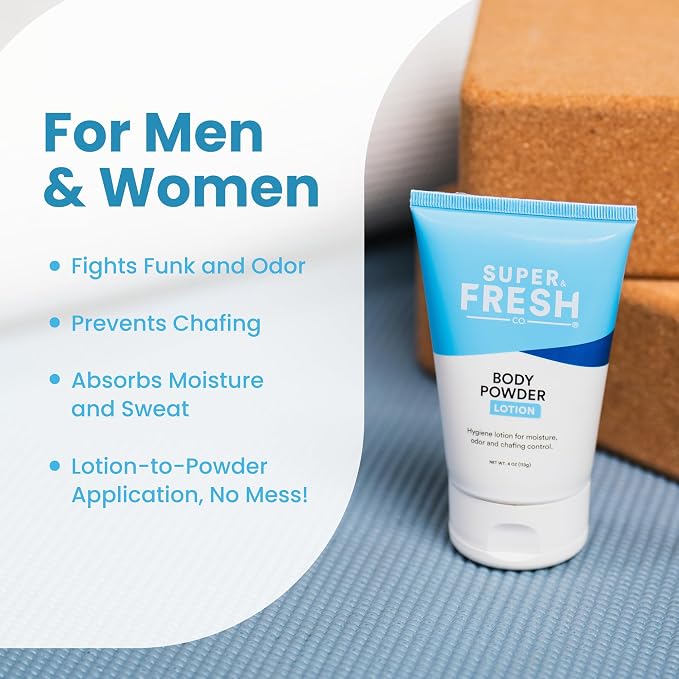 Super Fresh Body Powder Lotion by SweatBlock - Talc Free, Anti-Chafing, Deodorizing, Natural Ingredients - No Mess Body Powder Lotion for Men and Women - 4 fl oz.