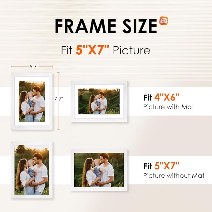 5x7 Picture Frame Set of 2, Photo Frame with HD Plexiglass, Display Pictures 4x6 with Mat or 5x7 Without Mat, White Picture Frames Collage for Tabletop or Wall Display