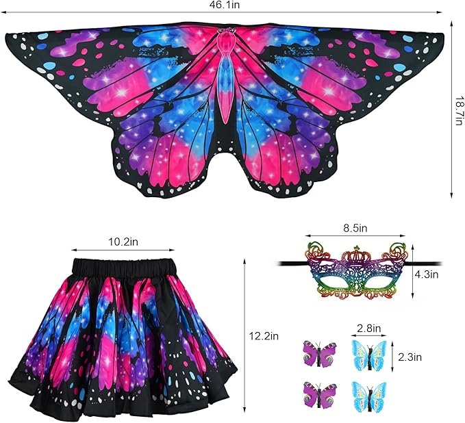 Butterfly Costume for Girls Fairy Wings Kids 4 Pcs(Cape,Skirts,Masks,Hair Clips) Butterfly Wings for Halloween Gifts