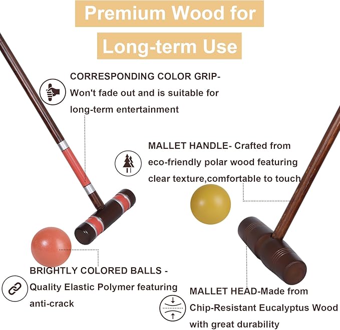 SpeedArmis Deluxe 8 Players Croquet Set with 32In Regulation | 28In Standard Size Rubber Wood Mallets, Colored PE Ball, Wickets, 21In End Stakes - Lawn Backyard Game for Teens/Adults/Family