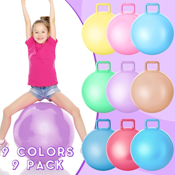Meooeck 9 Pcs Hopper Ball Carnival Outdoor Game 22 Inch Jumping Hopping Outdoor Bouncy Ball with Handles and Air Pump for Sports School Games Exercise(Macaron Color)