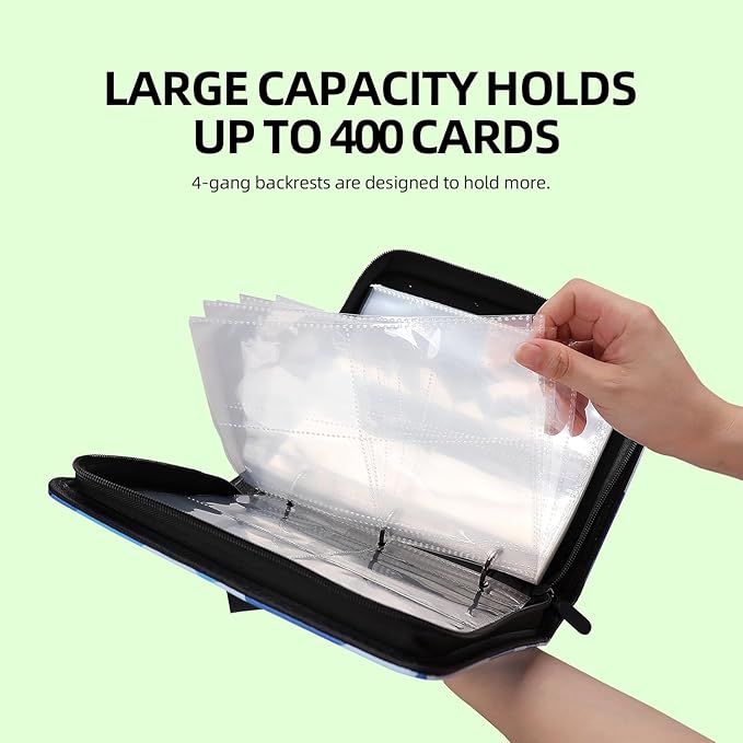 Collectible Trading Card Albums,4 Pocket Card Binder, 400 Double Sided Pocket,PU Premium Zip Trading Card Binder for TCG, MTG,Sports Cards (Red & Blue)