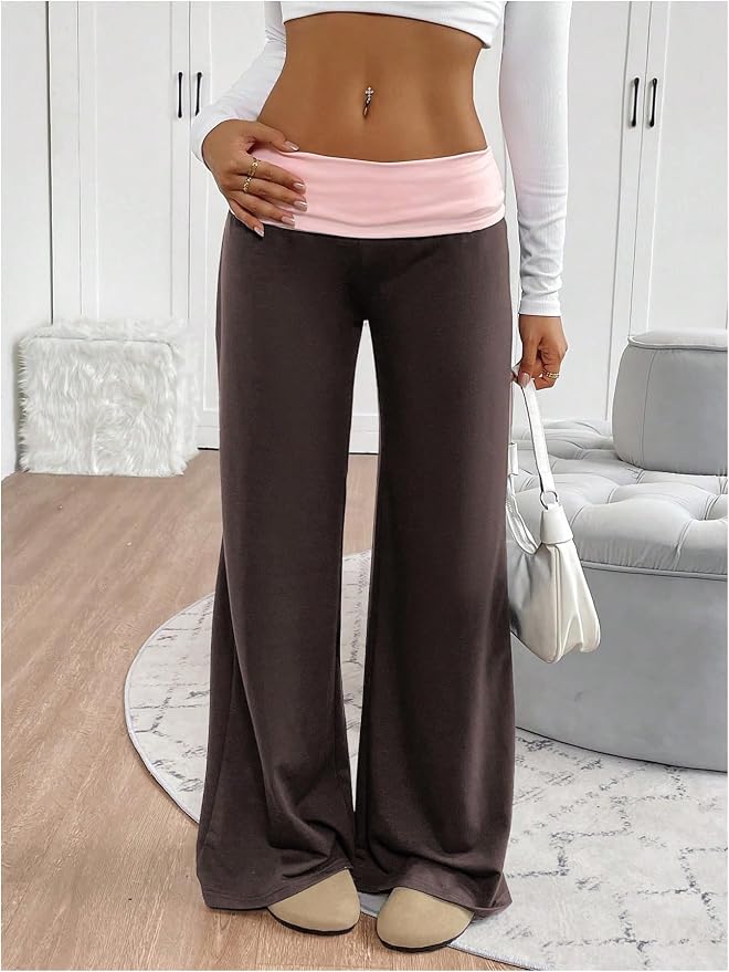 SOLY HUX Women's Sweatpants Color Block Low Rise Fold Over Waist Baggy Wide Leg Pants